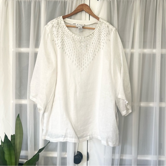 Linea by Louis Dell’Olio Linen Silver Beaded Embellished Top with Tank Sz XL - Picture 1 of 10